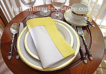 White Hemstitch Dinner Napkin with Aurora Yellow border - Click Image to Close